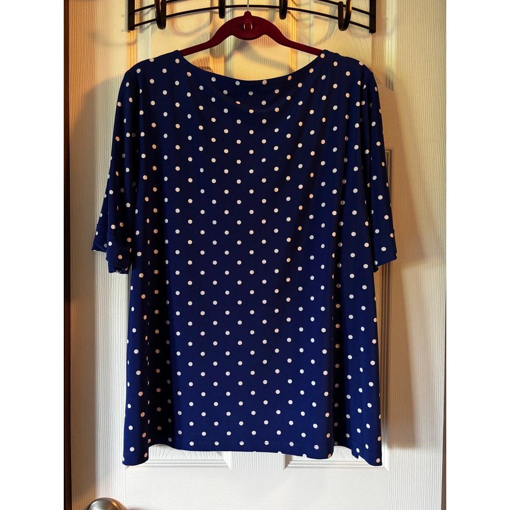 Navy Blue Polka Dot‎ Boat Neck Blouse Elbow Sleeve Top Plus Size 2X